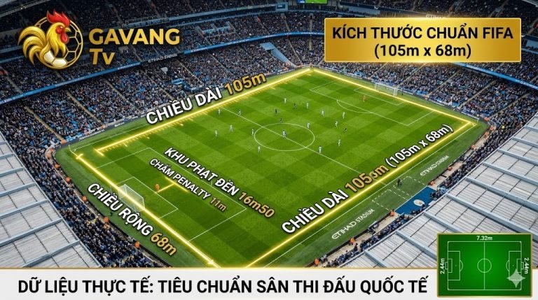 Sơ đồ kích thước sân bóng 11 người tiêu chuẩn FIFA 105m x 68m áp dụng cho các giải đấu quốc tế.