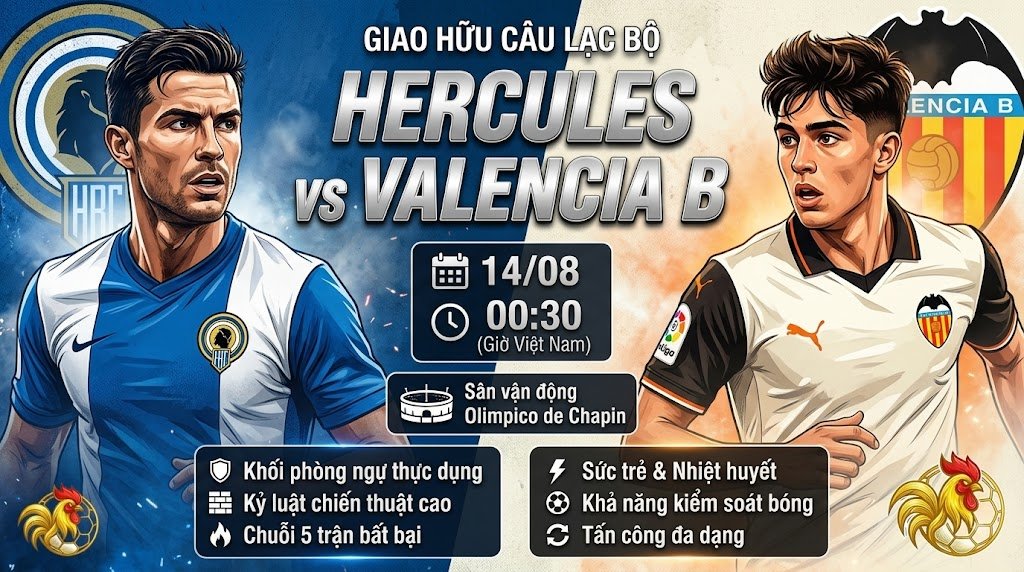 Nhận định kết quả trận đấu Hercules vs Valencia B, giao hữu câu lạc bộ lúc 00h30 ngày 14/08.