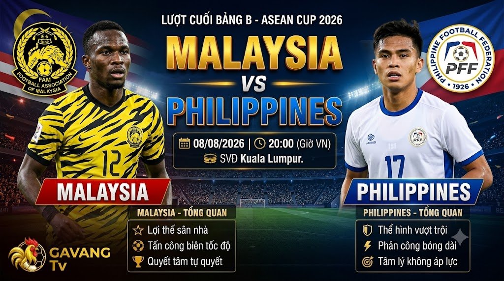 Nhận định trận đấu Malaysia vs Philippines lượt cuối bảng B ASEAN Cup 2026, xem trực tiếp bóng đá tốc độ cao trên Gavang TV.