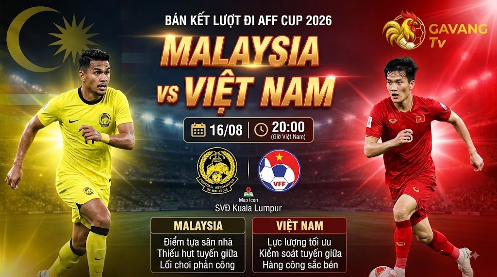 Nhận định trận đấu Malaysia vs Việt Nam bán kết lượt đi AFF Cup 2026 lúc 20h00 ngày 16/8 chi tiết tại Gavang TV.
