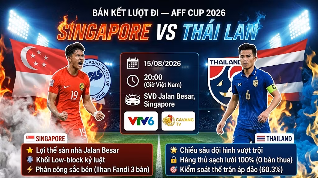 Bìa nhận định trận đấu Singapore vs Thái Lan bán kết AFF Cup 2026 cập nhật link xem trực tiếp trên Gavang TV.