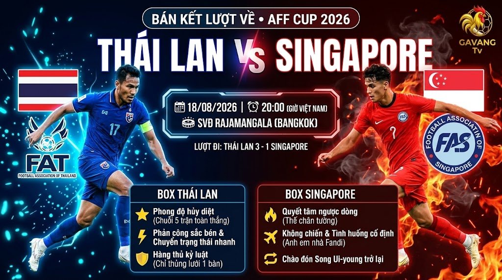 Nhận định trực tiếp Thái Lan vs Singapore bán kết AFF Cup 2026 chi tiết tại Gavang TV.