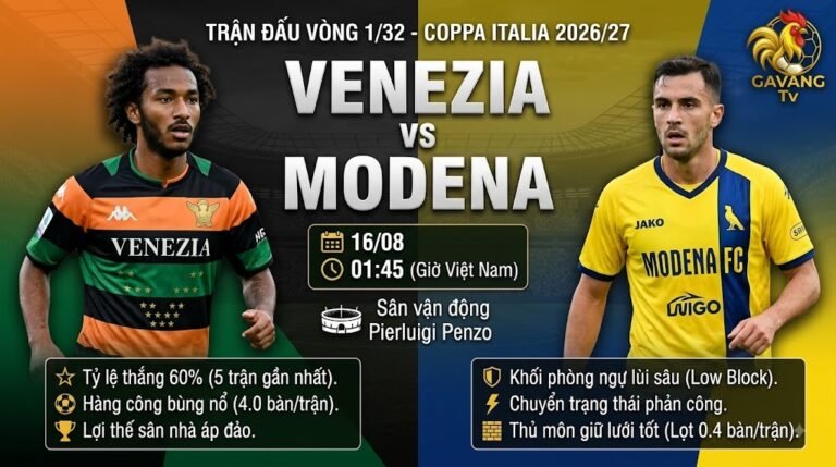 Ảnh bìa nhận định trận đấu Venezia vs Modena vòng 1/32 Coppa Italia 2026/27 với các thống kê nổi bật trước trận trên Gavang TV.