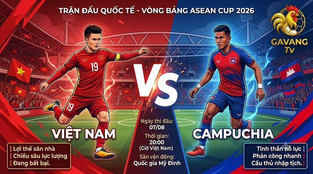 Ảnh bìa nhận định trận đấu Việt Nam vs Campuchia lúc 20h00 ngày 7/8 tại vòng bảng ASEAN Cup 2026 do Gavang TV cung cấp.